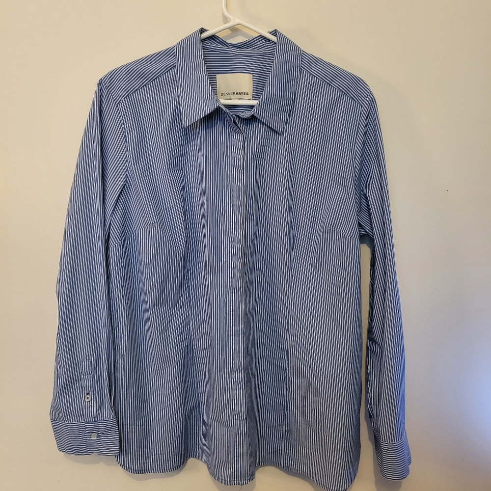 Denver Hayes women's XL blouse. Navy and white striped.